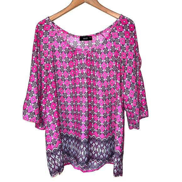 Bollywood Top Womens 1X Flirty Slit Shoulder Blouse Border Print Hippie Gypsy - Picture 1 of 8